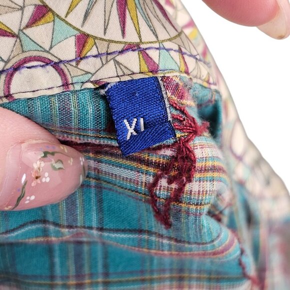 George Roth Floral Embroidered Blue Plaid Button Up Sz XL - Picture 10 of 11